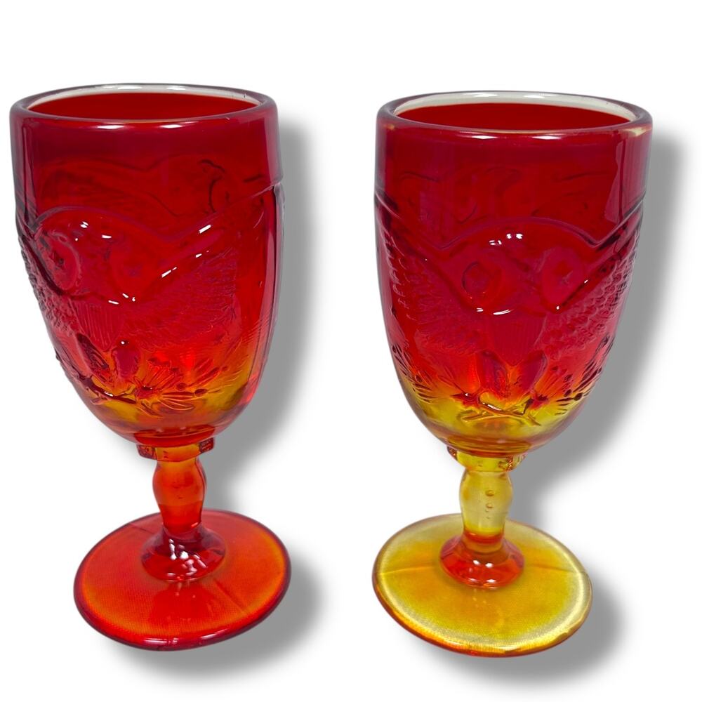 Vintage LE Smith Amberina Glass Goblets 6.75" Eagle Shield Home Decor Set of‎ 2